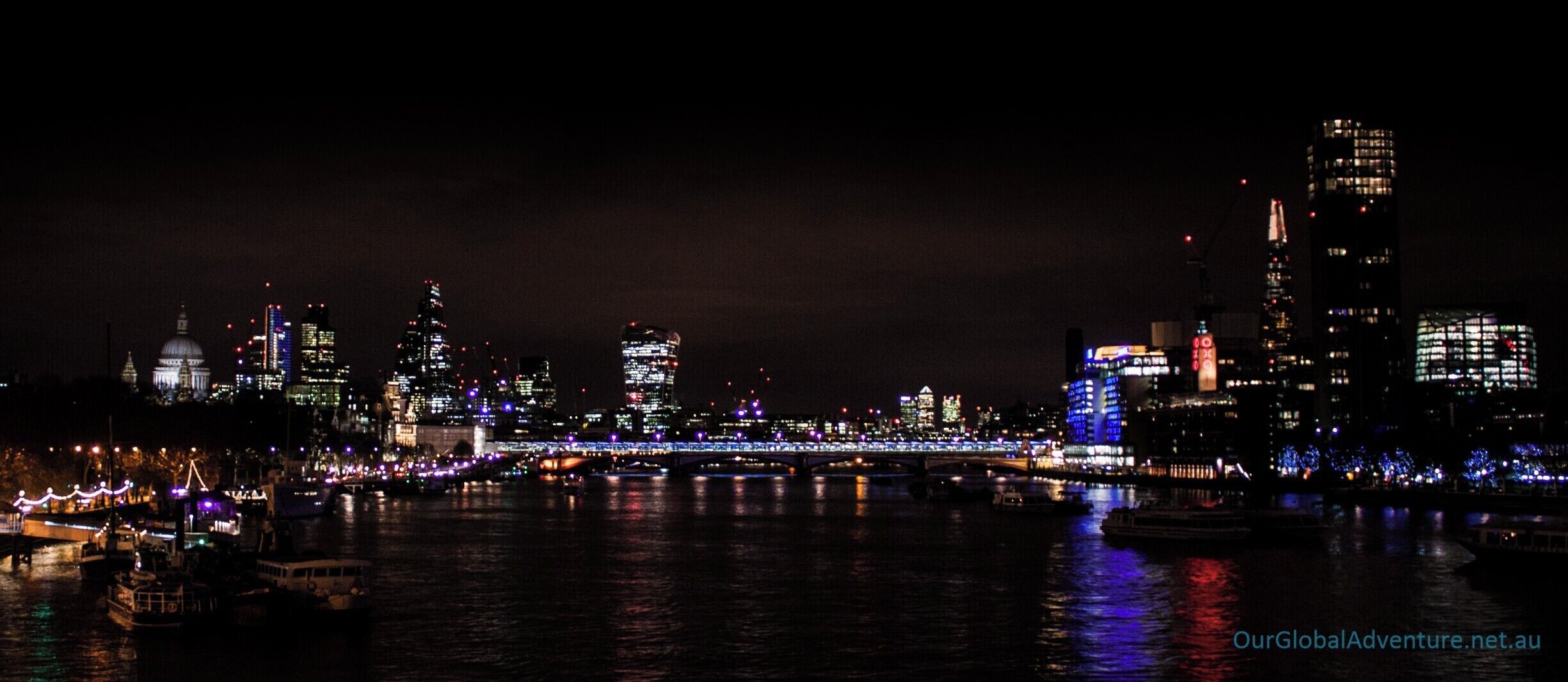 From Waterloo Bridge... You can see Blackfriars Bridge, the dome of St Pauls, The City, The Shard on the left, and Canada Tower off in the distance...