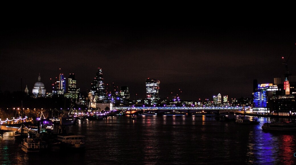 From Waterloo Bridge... You can see Blackfriars Bridge, the dome of St Pauls, The City, The Shard on the left, and Canada Tower off in the distance...