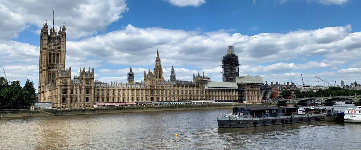 The Palace of Westminster as seen from across the river Thames on Albert Embankment.