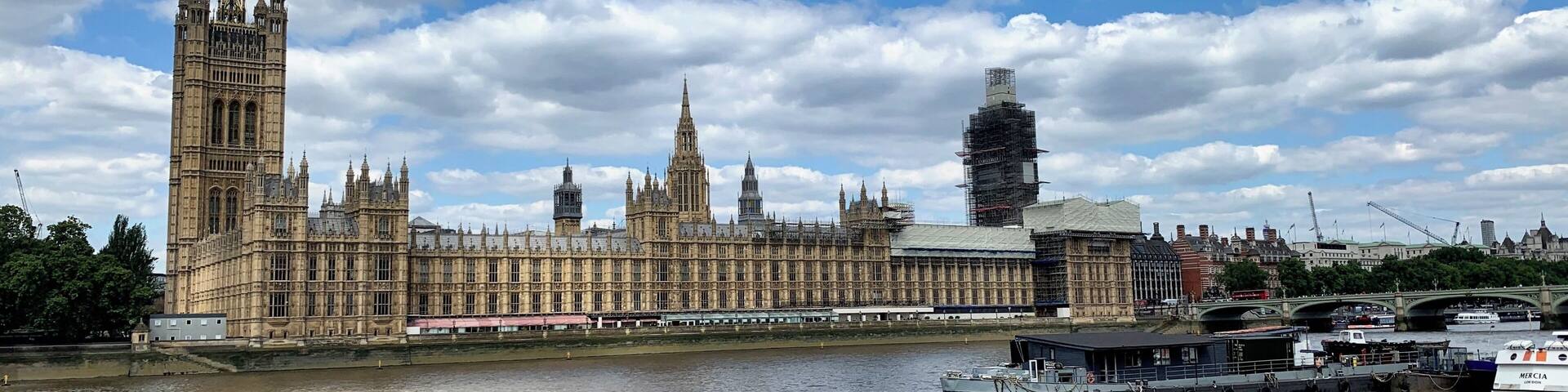 The Palace of Westminster as seen from across the river Thames on Albert Embankment.
