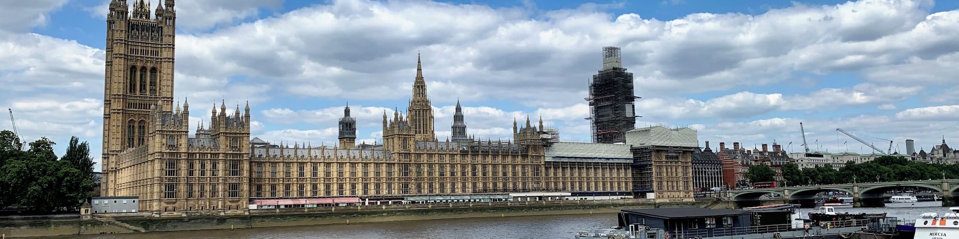The Palace of Westminster as seen from across the river Thames on Albert Embankment.