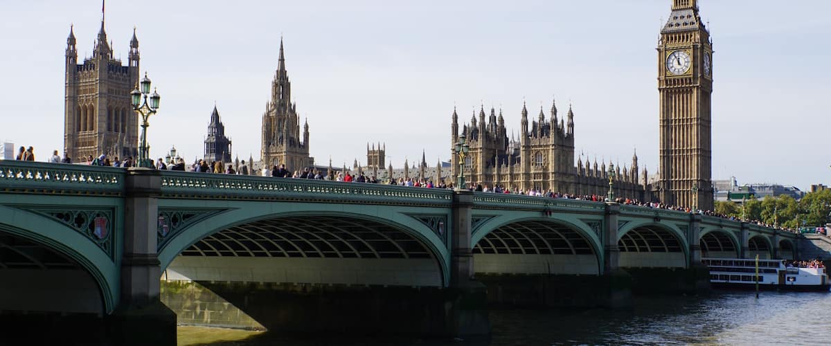 An iconic view of Big Ben & the Houses of Parliament over Westminster Bridge, London, UK (Oct 2014).