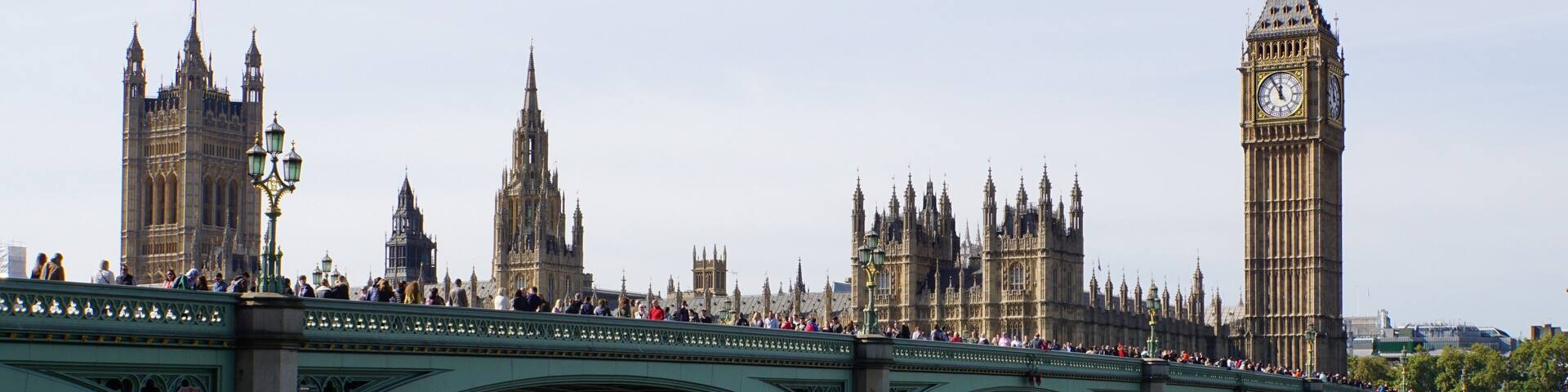 An iconic view of Big Ben & the Houses of Parliament over Westminster Bridge, London, UK (Oct 2014).