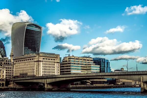 The view across London Bridge showing the walkie talkie (voted the ugliest building in the UK) the gherkin and the razor.