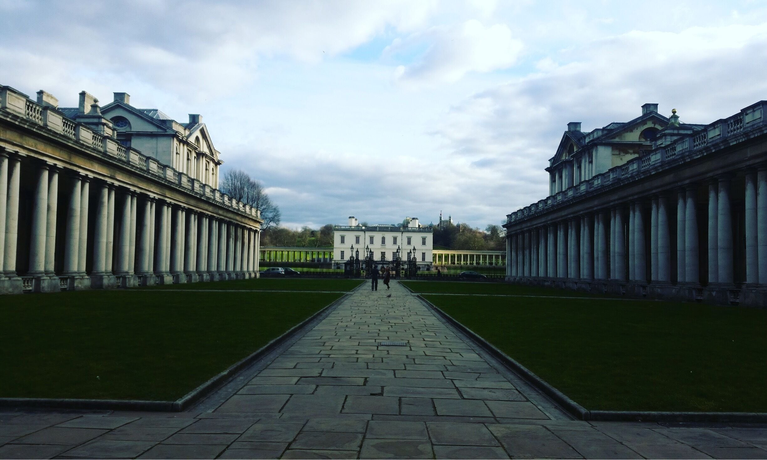 Standing in the Old Royal Naval College, looking towards the Queen's House and, behind it, the Observatory in Greenwich Park. #London #merch