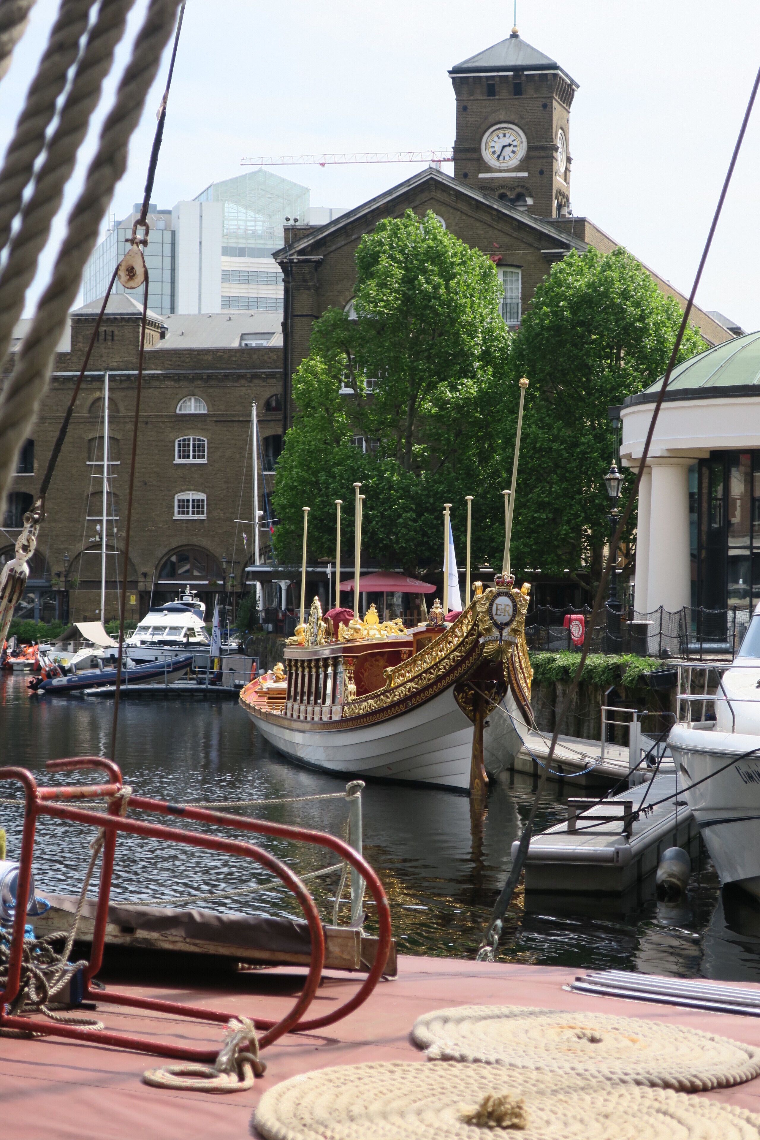 The Queen's Barge at mooring in St. Katherine's Dock Marina - just the other side of the road from the Tower of London and often overlooked by visitors. 