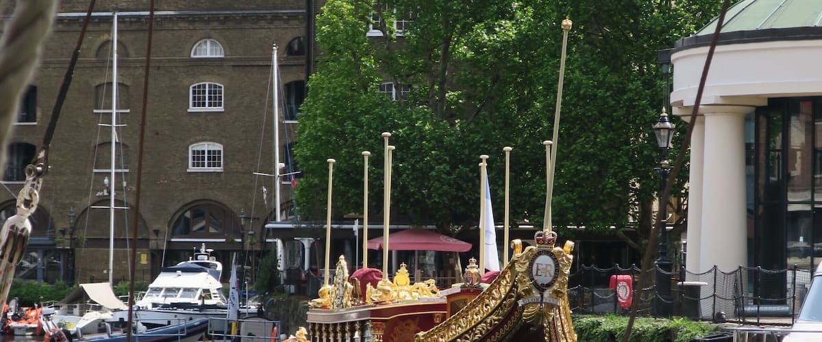 The Queen's Barge at mooring in St. Katherine's Dock Marina - just the other side of the road from the Tower of London and often overlooked by visitors.