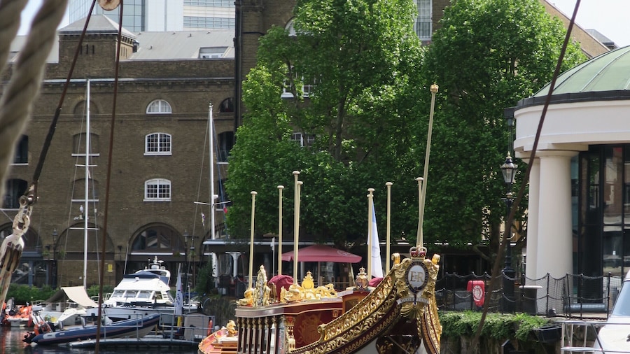 The Queen's Barge at mooring in St. Katherine's Dock Marina - just the other side of the road from the Tower of London and often overlooked by visitors.