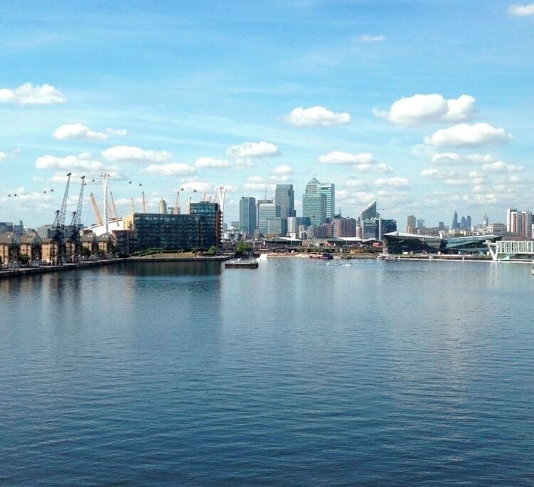 A view of London from the Royal Victoria Dock Bridge.