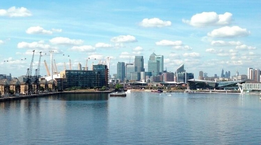 A view of London from the Royal Victoria Dock Bridge.