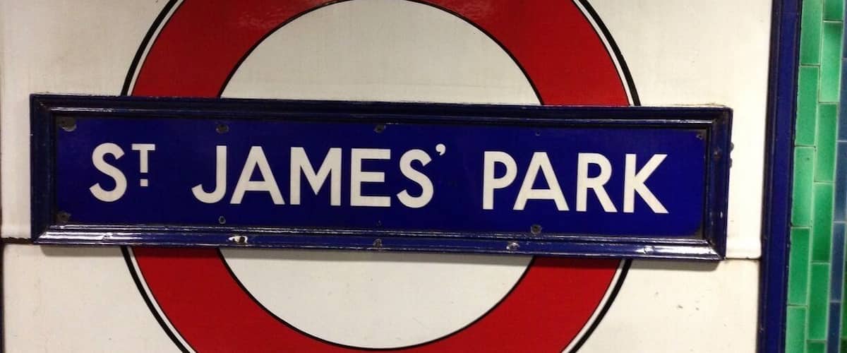 There is ONE station roundel sign that has been deliberately left in place showing the incorrect spelling of "St. James's park"
It is on the eastern end of the eastbound platform (near the front of the train -2nd carriage)