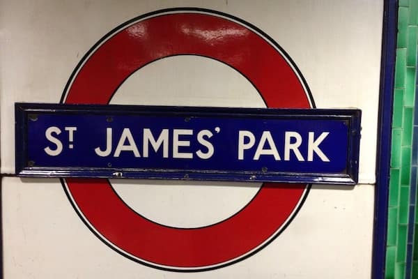 There is ONE station roundel sign that has been deliberately left in place showing the incorrect spelling of "St. James's park"
It is on the eastern end of the eastbound platform (near the front of the train -2nd carriage)