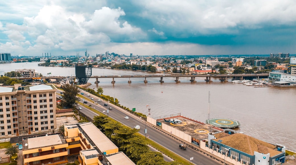 Aerial view of Faloko bridge connecting the coasts of Lagos city