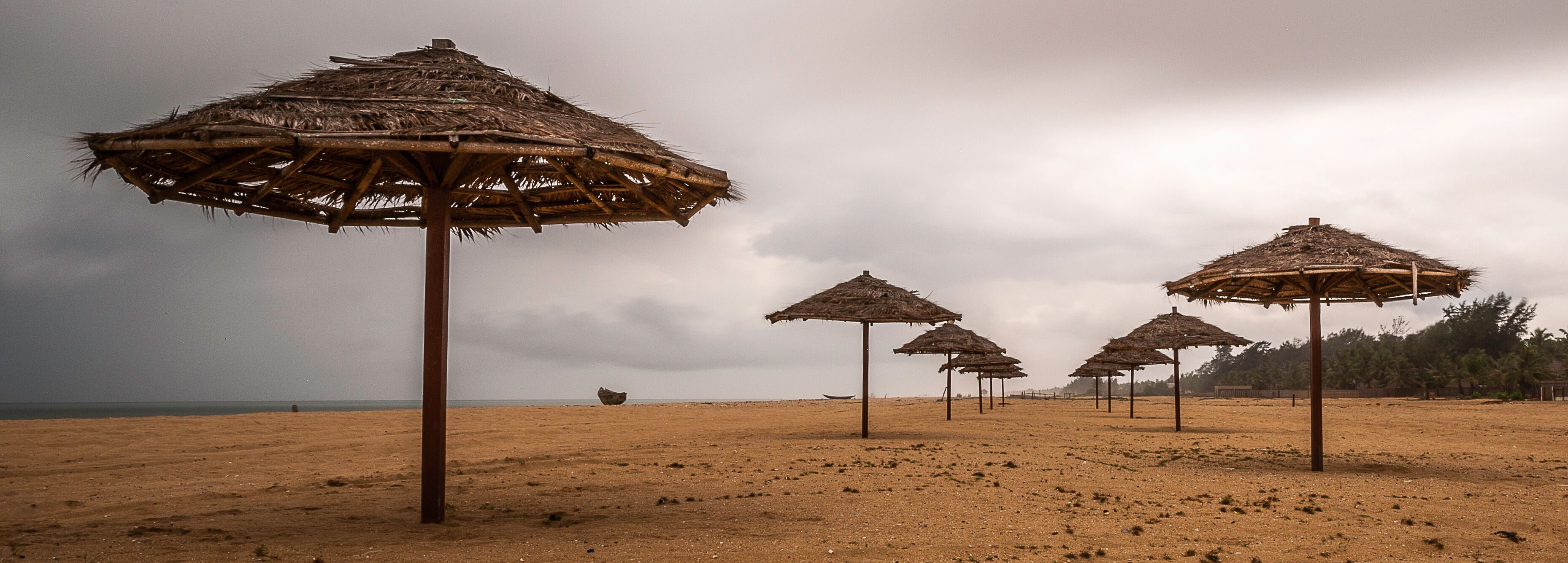 A beach with thatched umbrellas and palm trees.