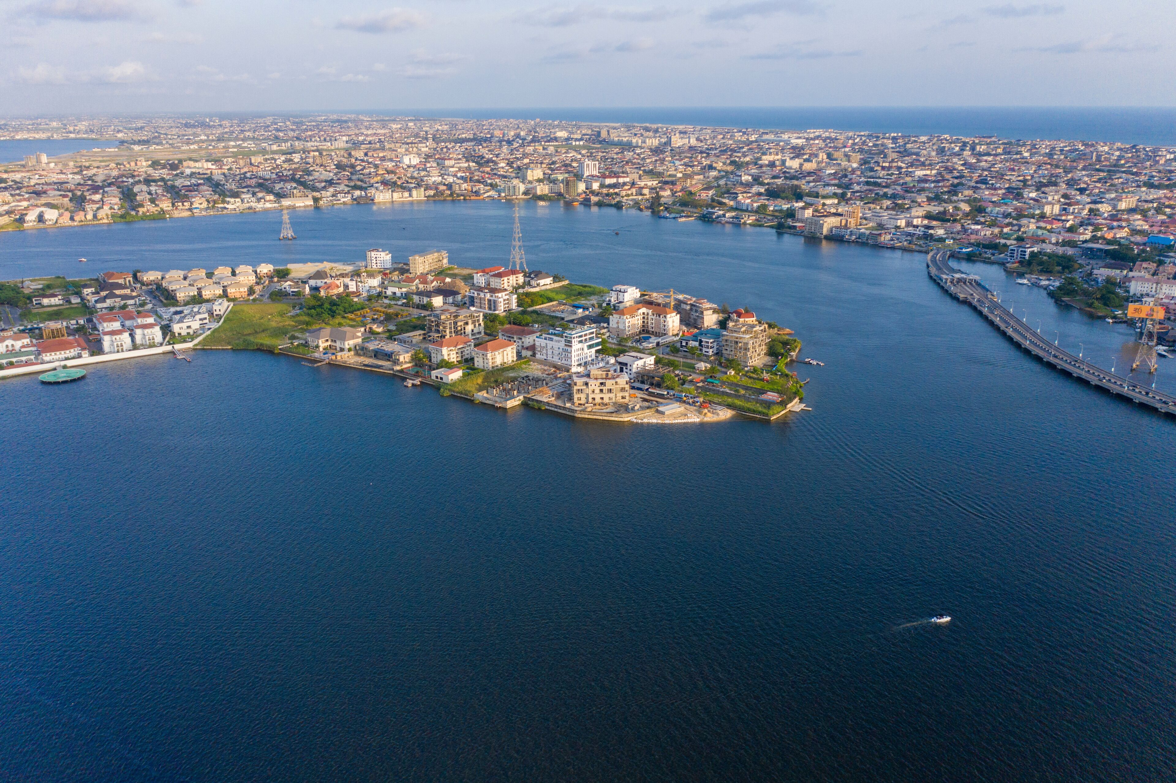 Aerial view of Lagos Lekki Ikoyi link bridge showing parts of Lekki, Ikoyi and Banana Island, Nigeria.