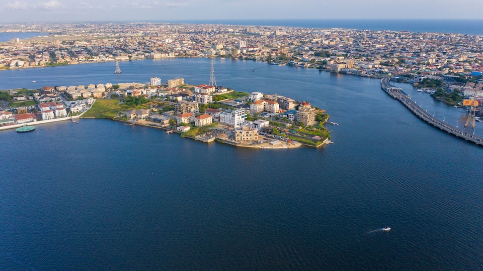 Aerial view of Lagos Lekki Ikoyi link bridge showing parts of Lekki, Ikoyi and Banana Island, Nigeria.