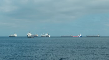 Una flota de cargueros en un mar tranquilo.