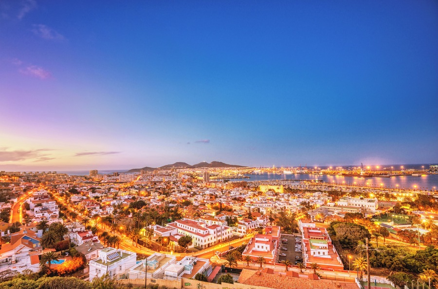 Arial view on the harbour and cityscape of Las Palmas de Gran Canaria (Spain) at night