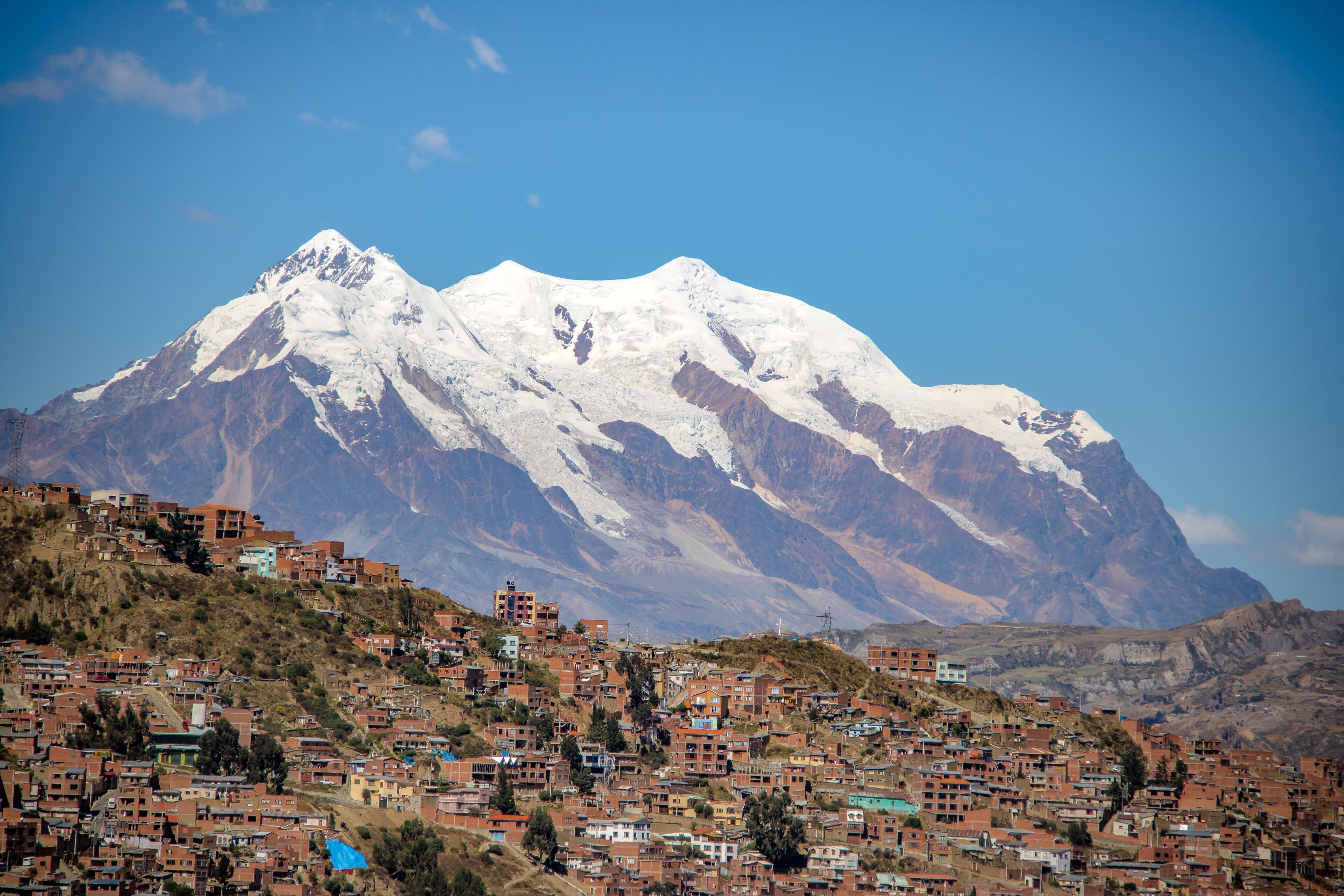 Aerial view of La Paz with Illimani Mountain on background - La Paz, Bolivia