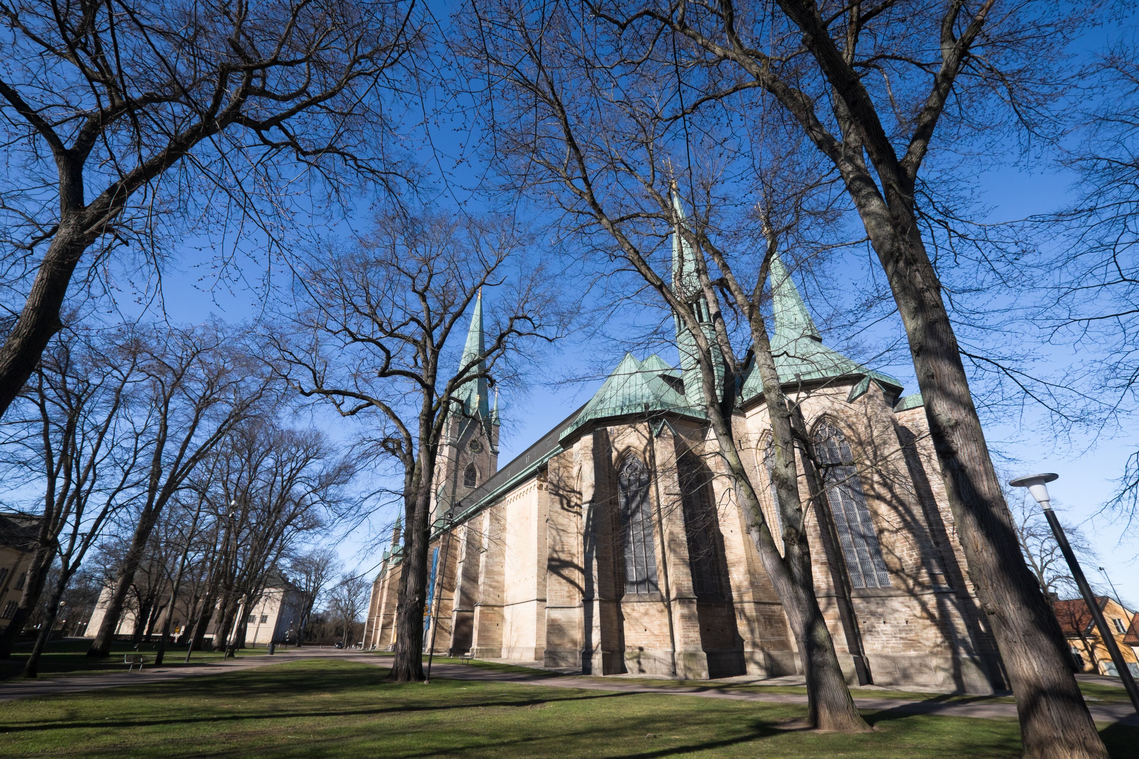 Linköping Cathedral in Swedish town Linkoping with blue sky and trees