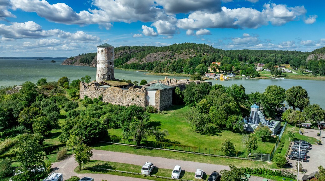 Aerial perspective of Stegeborg Castle, a Swedish ruin nestled in a bay