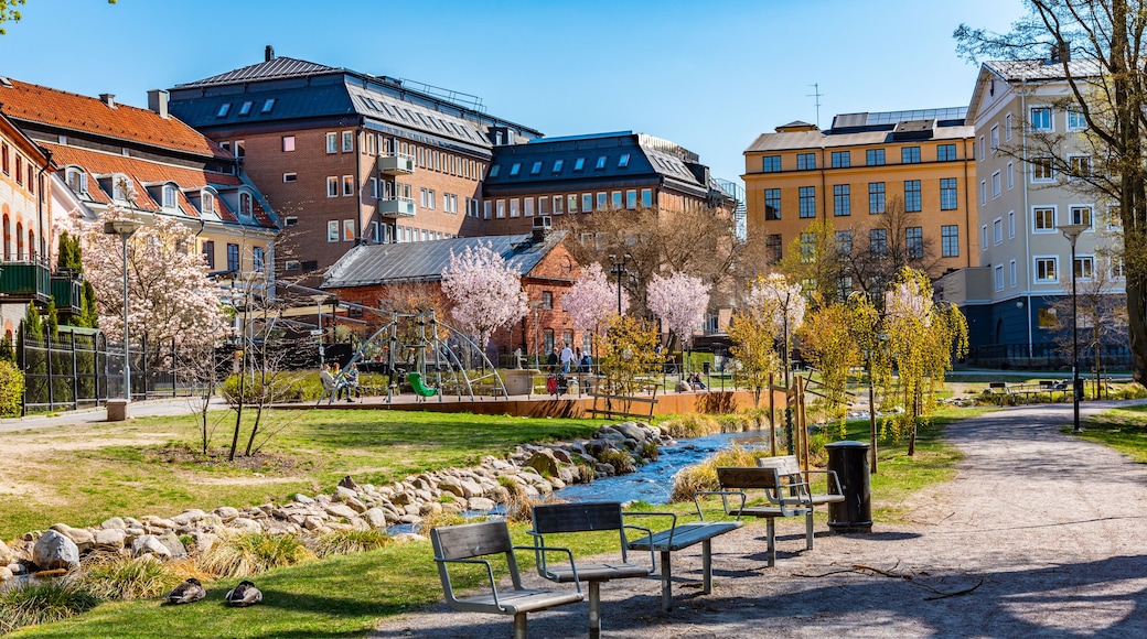 Residential building at riverside of Motala strom river in Norrkoping, Sweden