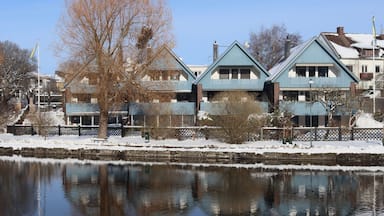 A row of blue houses by a calm river with snow on the ground.
