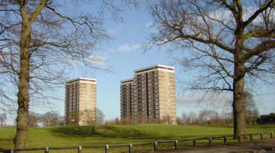 Tower Blocks from Old Rough Lane, Kirkby. This wooded area was once known as Old Rough. The tower blocks, Quarry Green Heights and many of the local roads take their name from the quarry which was nearby.