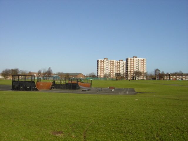Wignall Park, Southdene, Kirkby. Skateboard area in Wignall Park, Southdene, Kirkby with the tower blocks of Gaywood Avenue in the background.