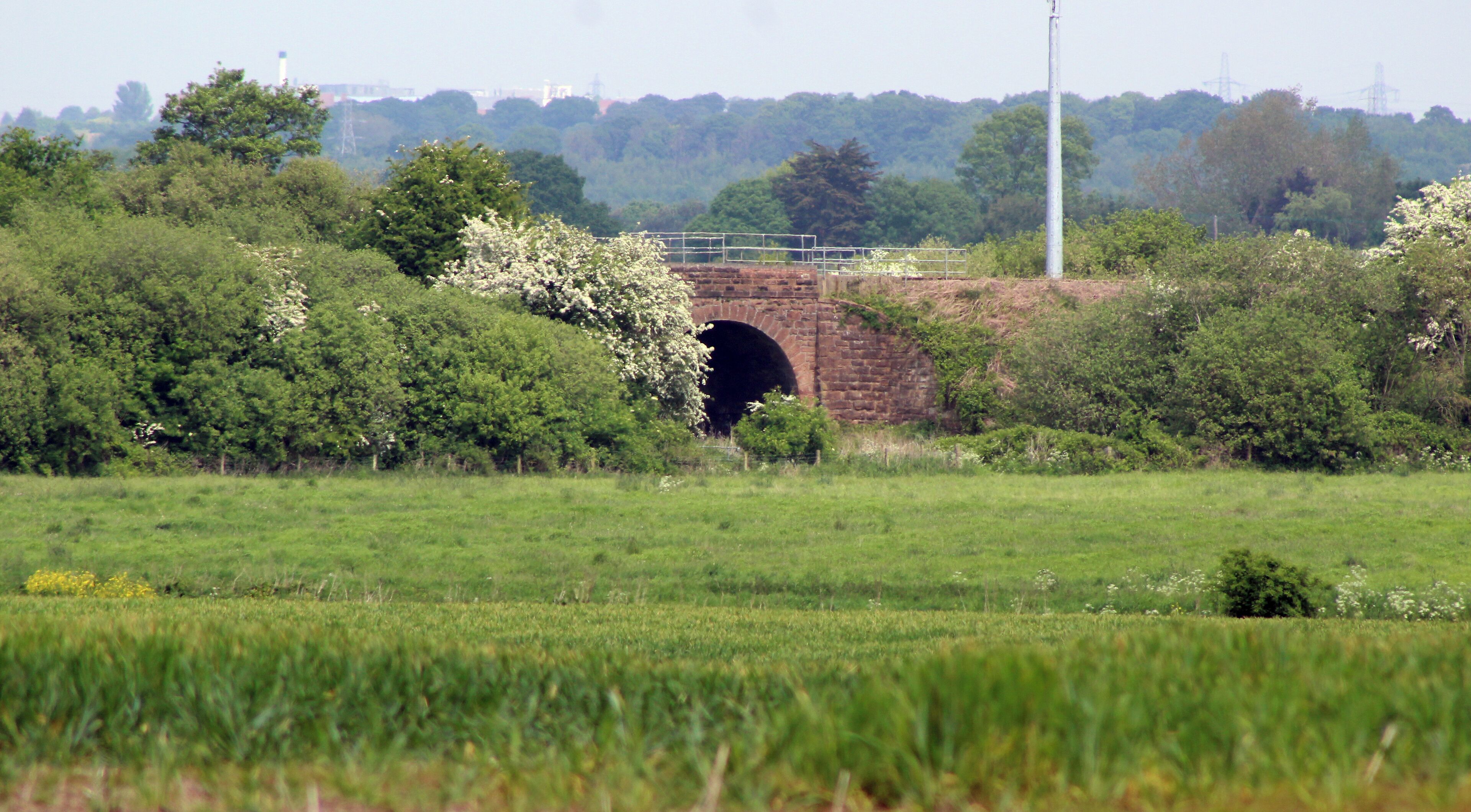 A brick bridge with a tunnel, surrounded by greenery and fields.
