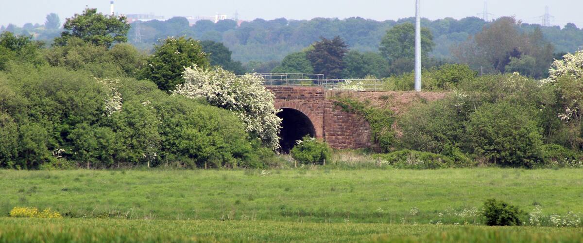 A brick bridge with a tunnel, surrounded by greenery and fields.