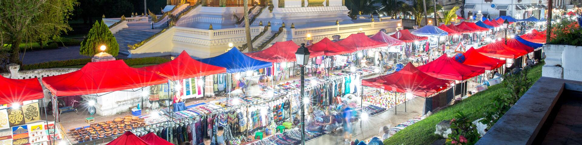 Luang Prabang night market and Royal palace of Luang Prabang or Luang Prabang national museum, Laos., Shutterstock ID 741994291, Purchase Order: -