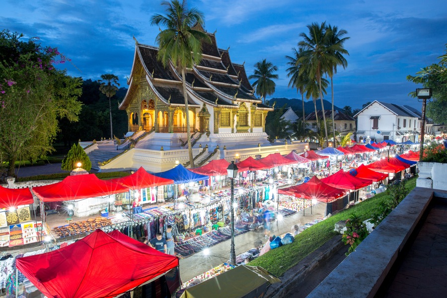 Luang Prabang night market and Royal palace of Luang Prabang or Luang Prabang national museum, Laos., Shutterstock ID 741994291, Purchase Order: -