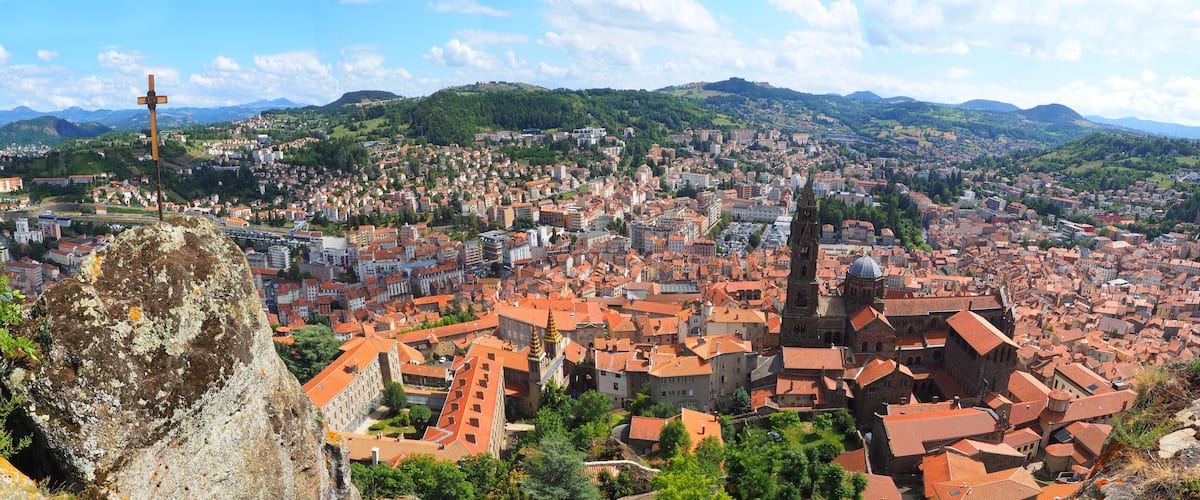 Superb panoramic view of the city of Le Puy en Velay from the rock of Notre Dame de France (Our Lady of France)