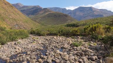 A rocky stream with mountains in the background.
