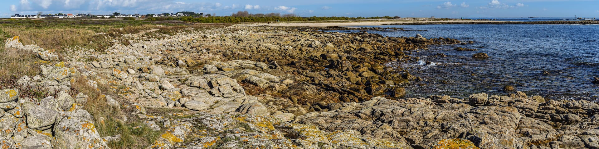Panoramic view of Hoedic island landscape from Cape Casperaquiz in eastern direction. Brittany, France.