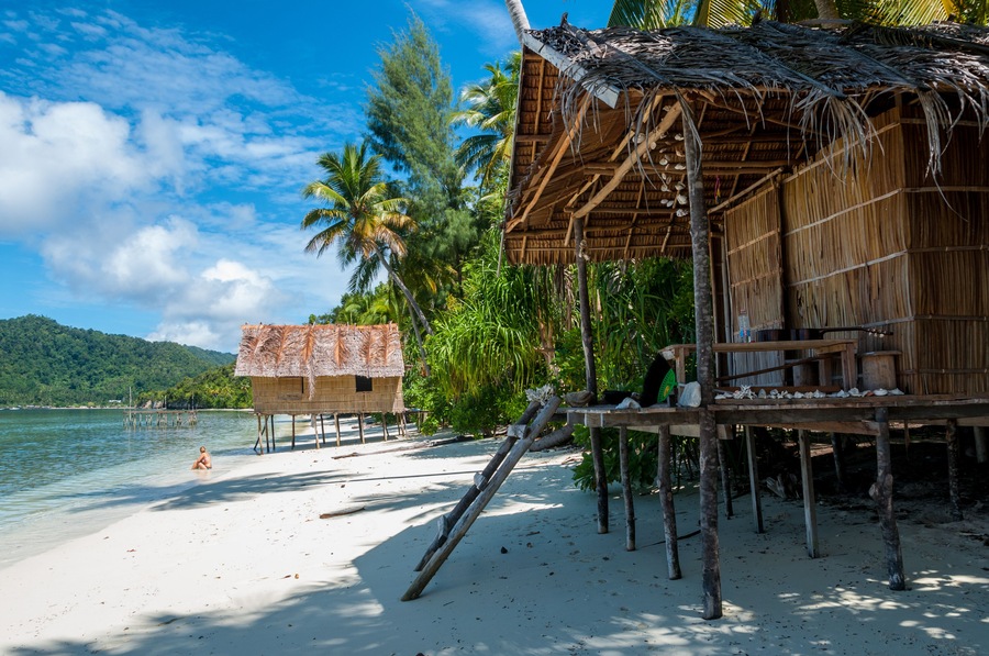 Nipa bamboo Huts at the White Sand beach with palm trees in Raja Ampat, Papua New Guinea, Indonesia; Shutterstock ID 352270307; purchase_order: -; Order: -; client: -; job: -