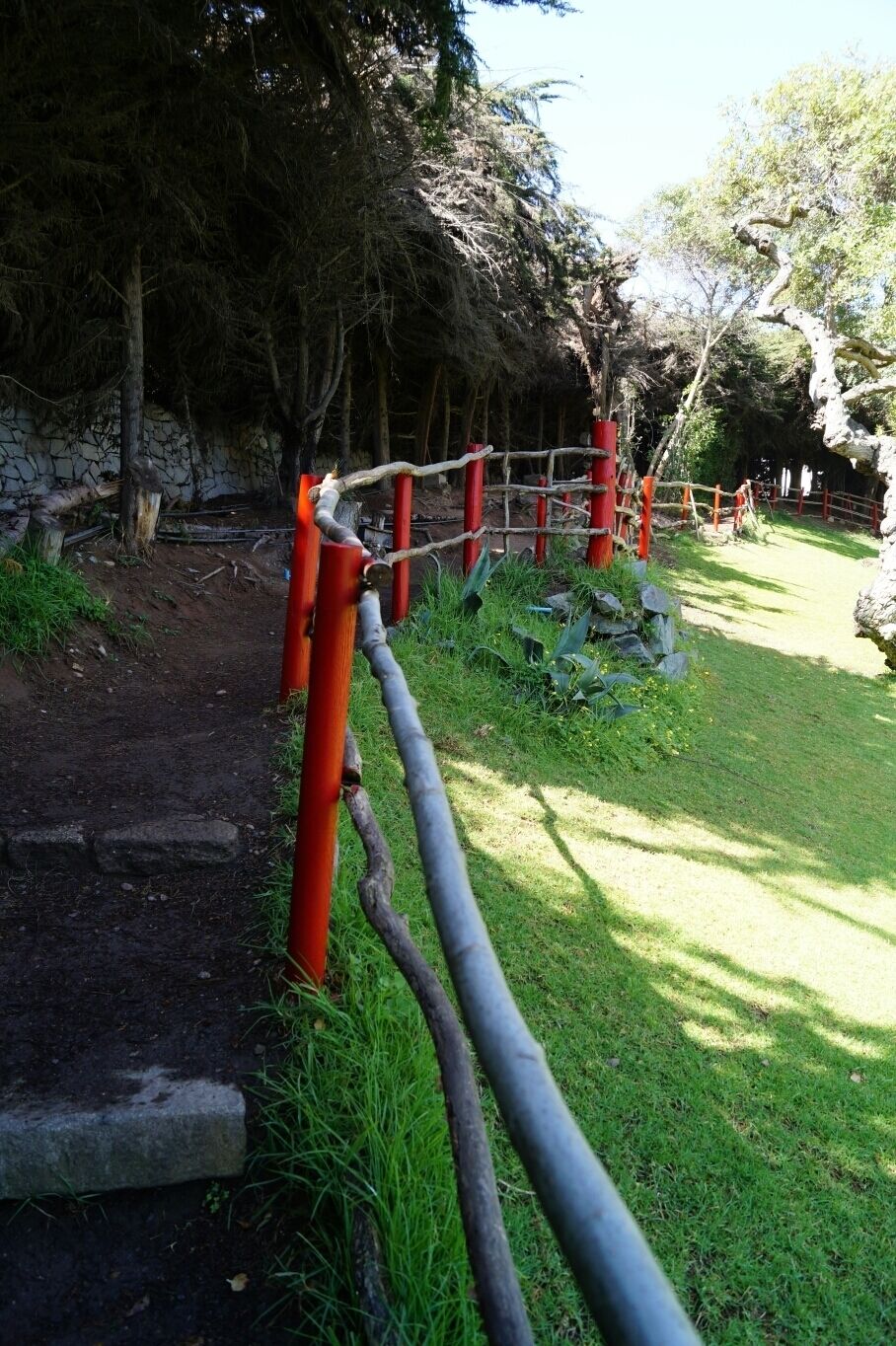Un área cercada con un muro de piedra y árboles.