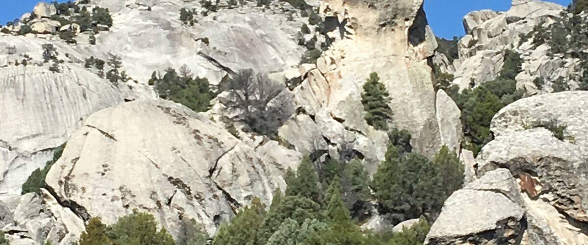 A large rock formation with a prominent overhanging section, surrounded by dense shrubbery and trees.