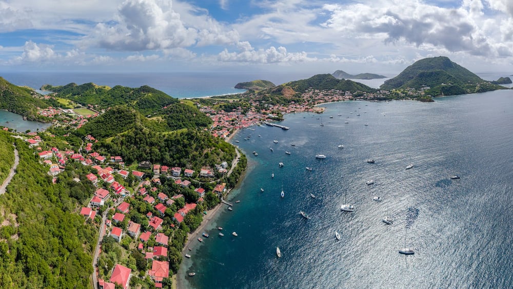 Aerial Panoramic view of Islands Les Saintes (Caribbean island Guadeloupe) with Fort Napoleon and commune Terre-de-Haut