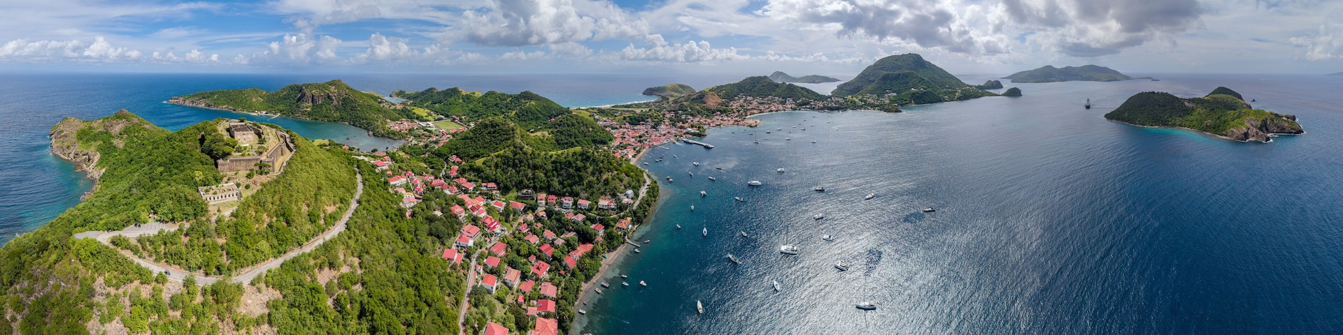 Aerial Panoramic view of Islands Les Saintes (Caribbean island Guadeloupe) with Fort Napoleon and commune Terre-de-Haut