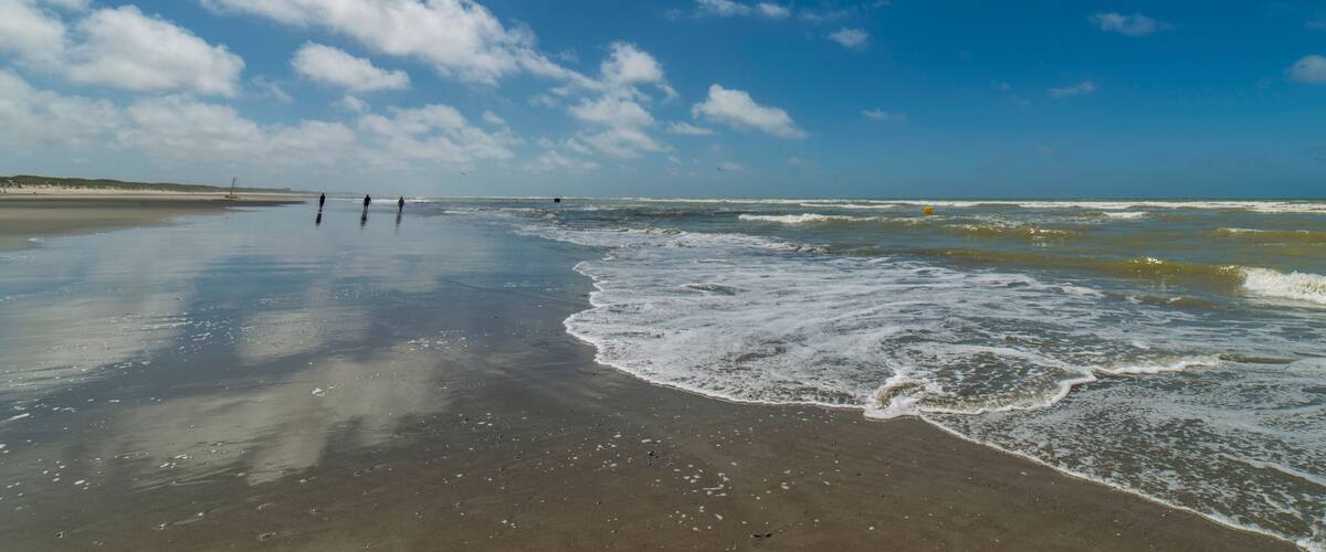 A beach with waves, a clear sky, and a few people walking.