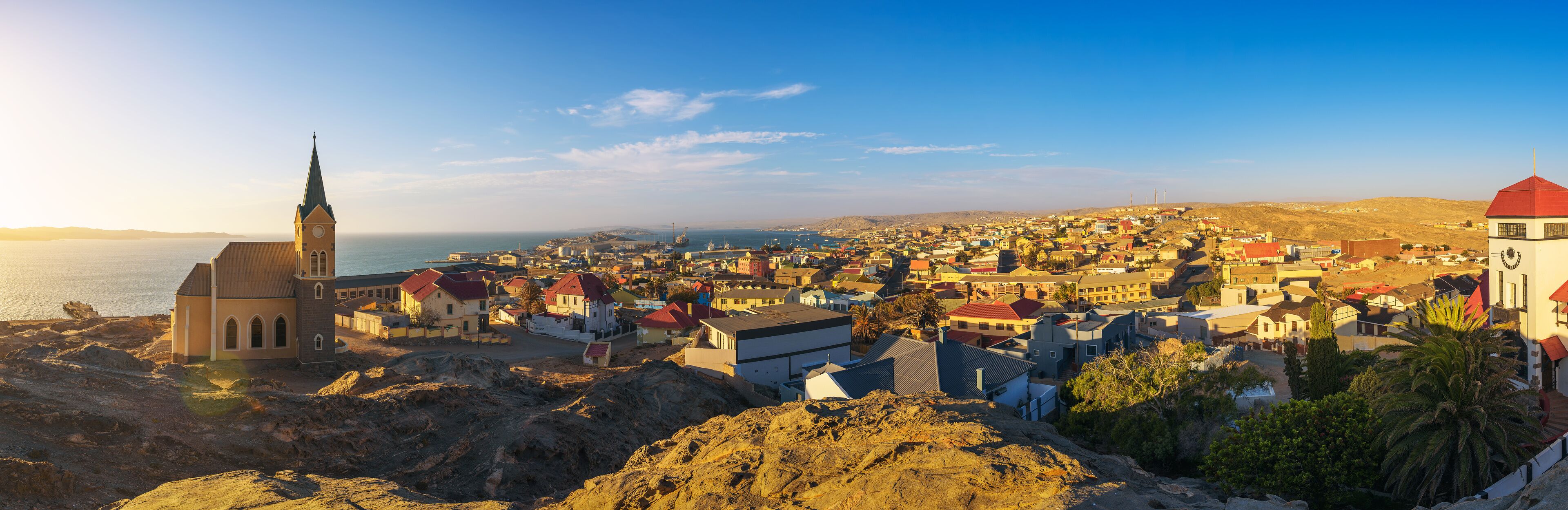 Luderitz in Namibia with lutheran church called Felsenkirche at sunset