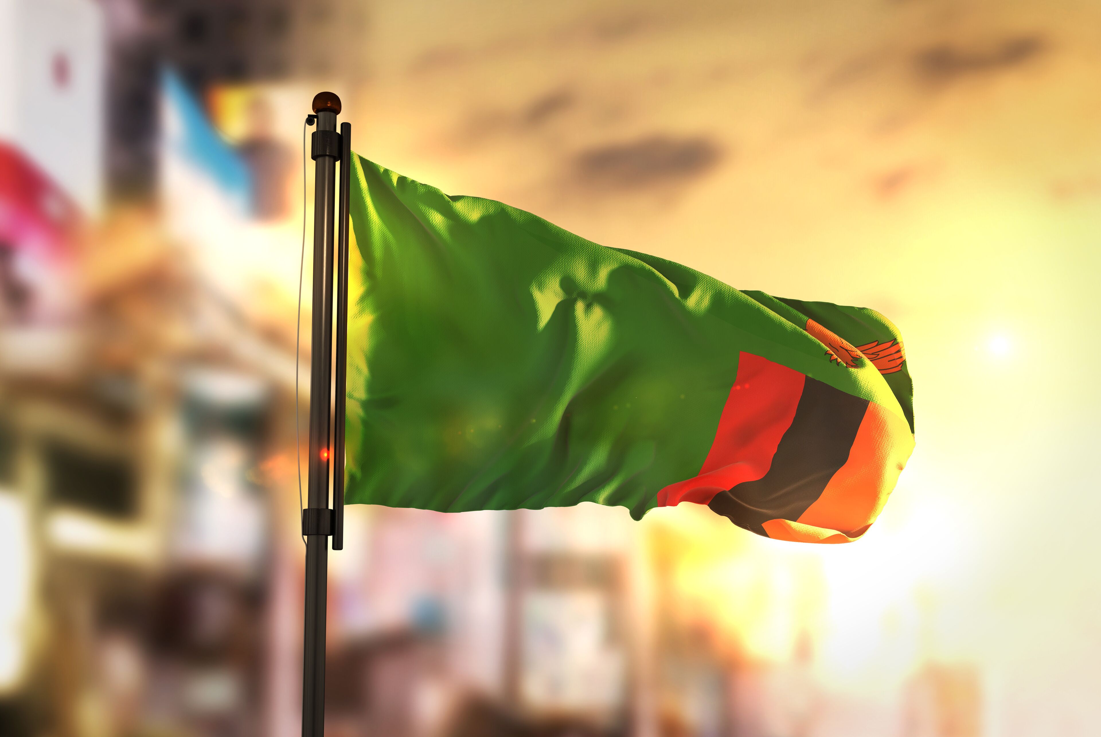 Zambia Flag Against City Blurred Background At Sunrise Backlight
