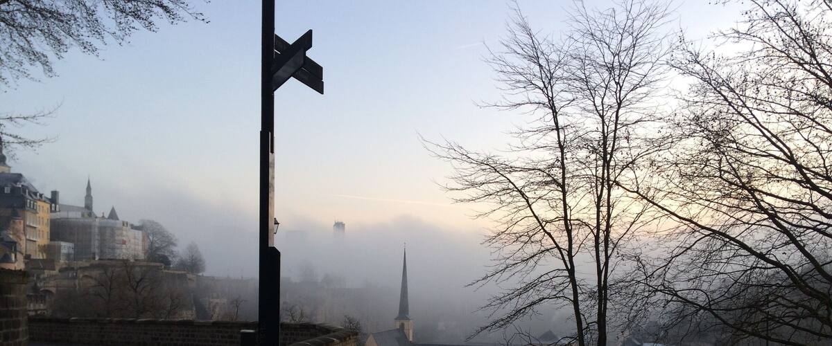 A foggy cityscape with a prominent church spire, cobblestone streets, and a guard tower.