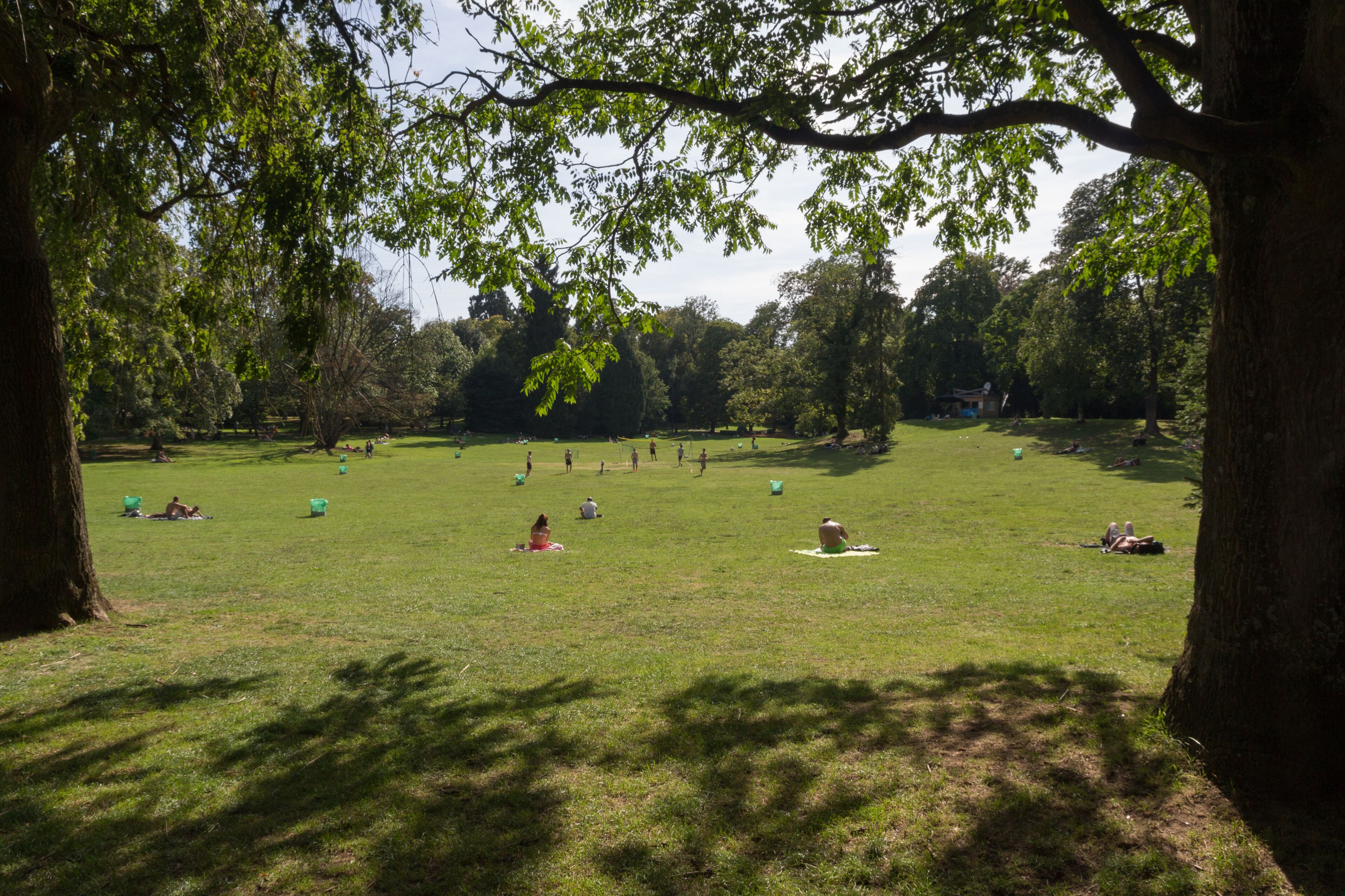 Um parque com áreas gramadas, árvores e pessoas relaxando.
