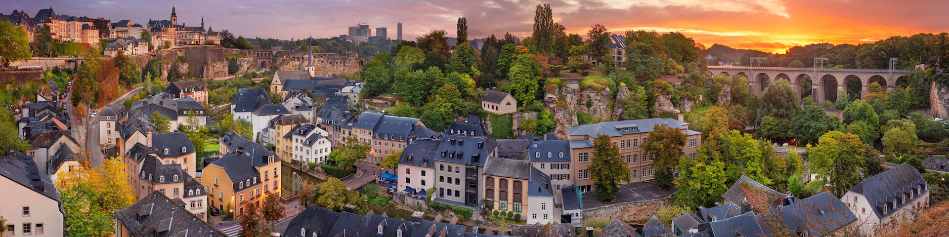 Luxembourg City, Luxembourg. Panoramic cityscape image of old town Luxembourg City skyline during beautiful sunrise.