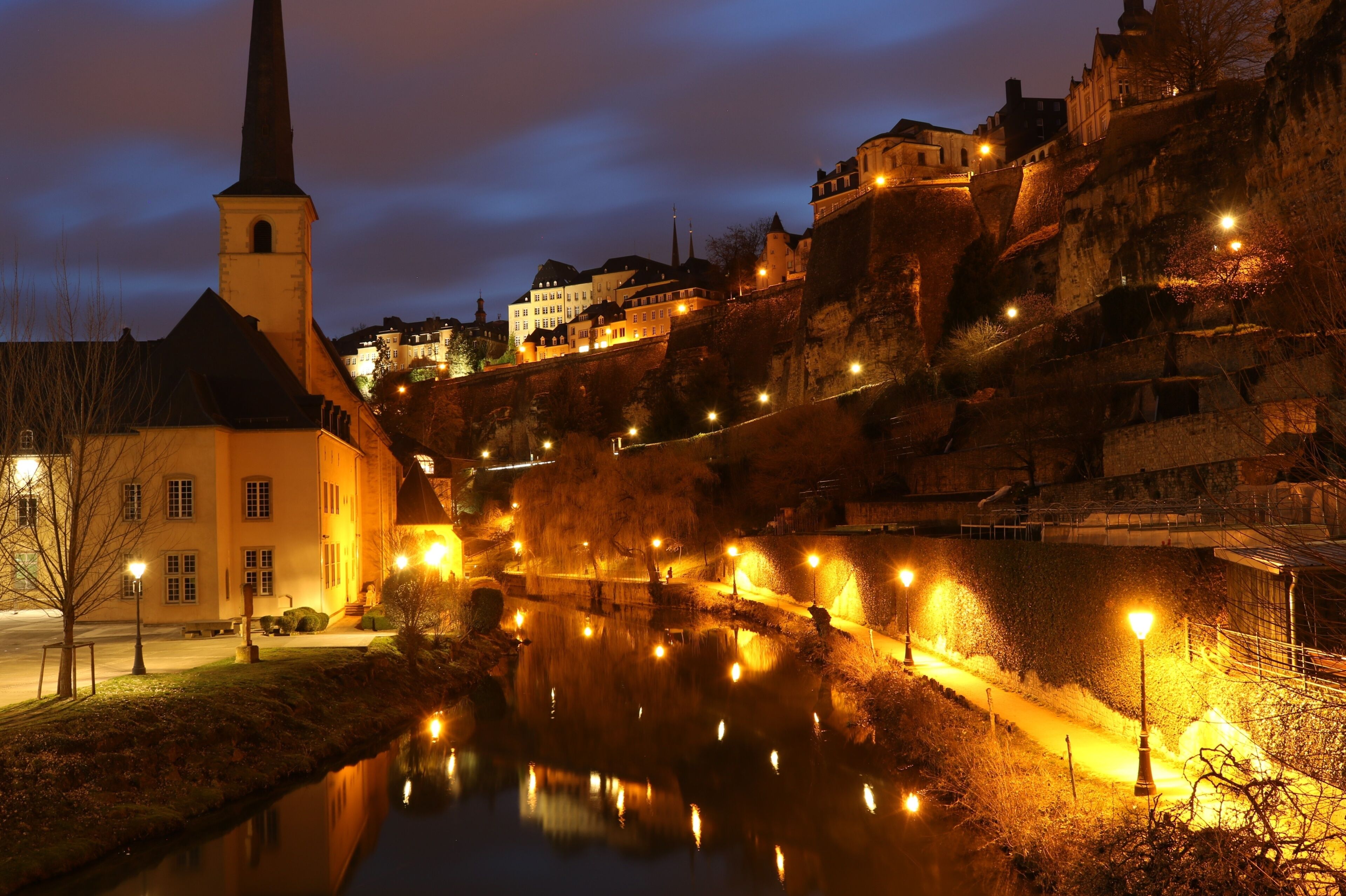 Luxembourg City old town Lower part of the Grund at dusk