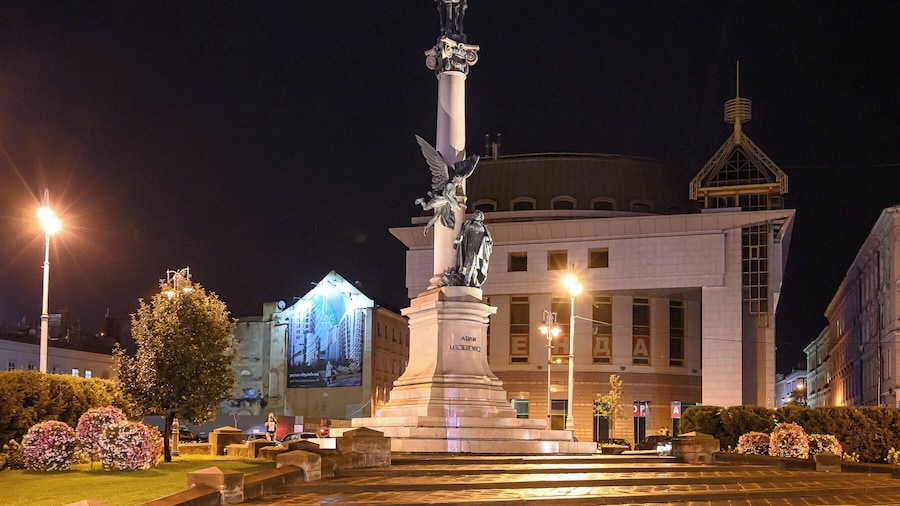 The column of Adam Mickiewicz is a historical and cultural attraction of the central part of Lviv, located in the square named after the poet. The height of the monument is 21 meters, the figures of Miscavige are 3.3 meters. Flames on the top of the column are gilded