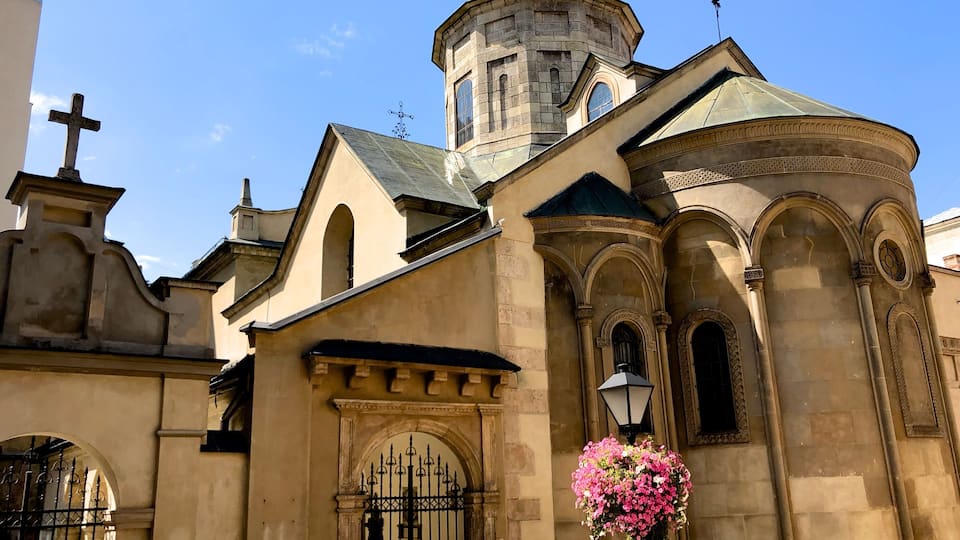 One church you should not miss is the elegant 1363 Armenian Cathedral with its ancient-feeling interior. The placid cathedral courtyard is a maze of arched passageways and squat buildings festooned with intricate Caucasian detail. Stepping into the courtyard feels like entering another era – gravestones bearing inscriptions in the 54 letters of the Armenian alphabet pave the floor.
Located in the city's Old Town, north of the market square. Until 1945 it was the cathedral of the Armenian Catholic Archdiocese of Lviv, since 2000 it serves as a cathedral of the Eparchy of Ukraine of the Armenian Apostolic Church